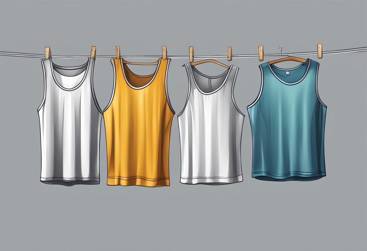 A row of mens sports team tank tops hanging neatly on a clothesline