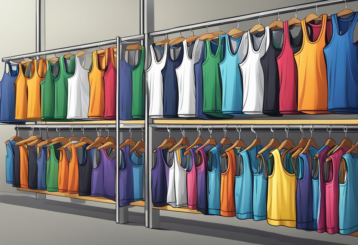 A group of colorful men's sports team tank tops arranged neatly on a display rack