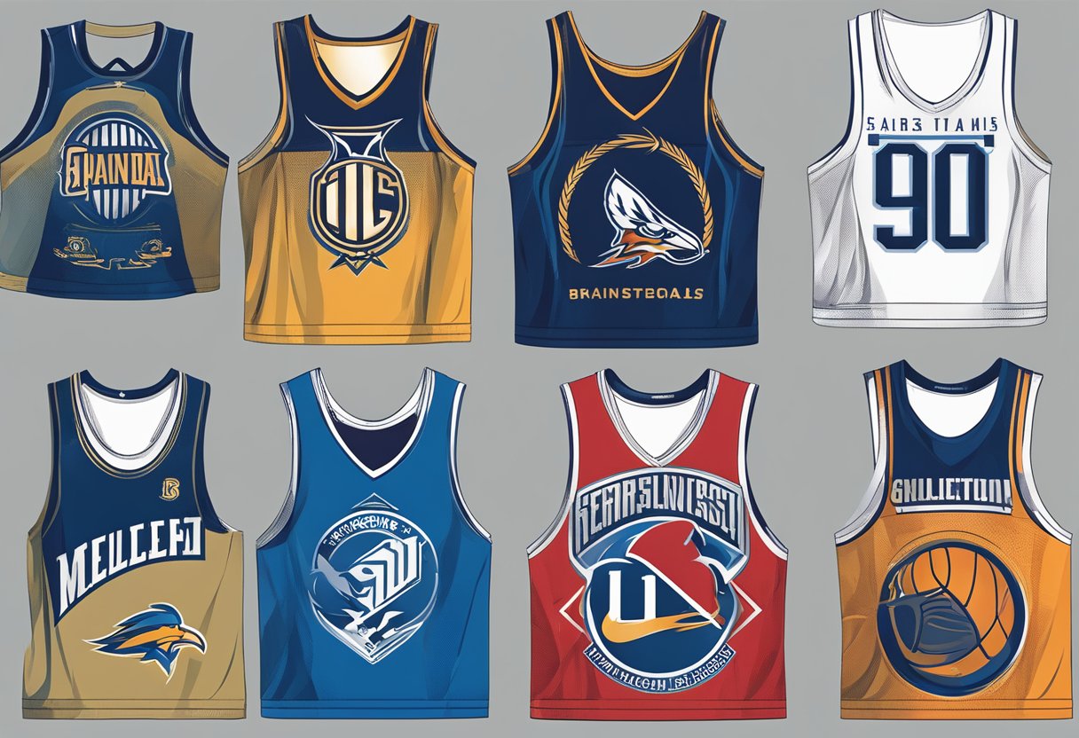A collection of men's sports tank tops in various colors and designs, featuring team logos and athletic branding