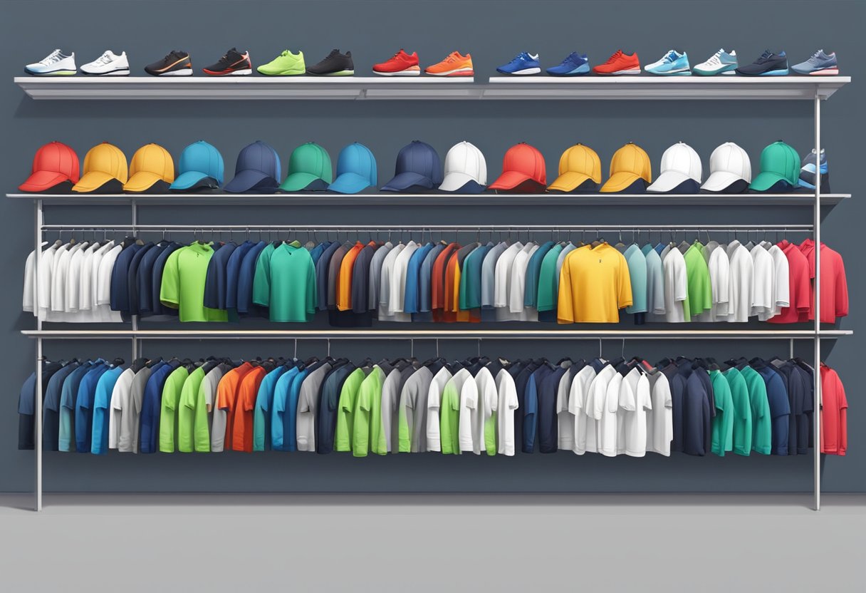 A row of sports tops for men, in various colors and styles, neatly arranged on a display rack in a UK store