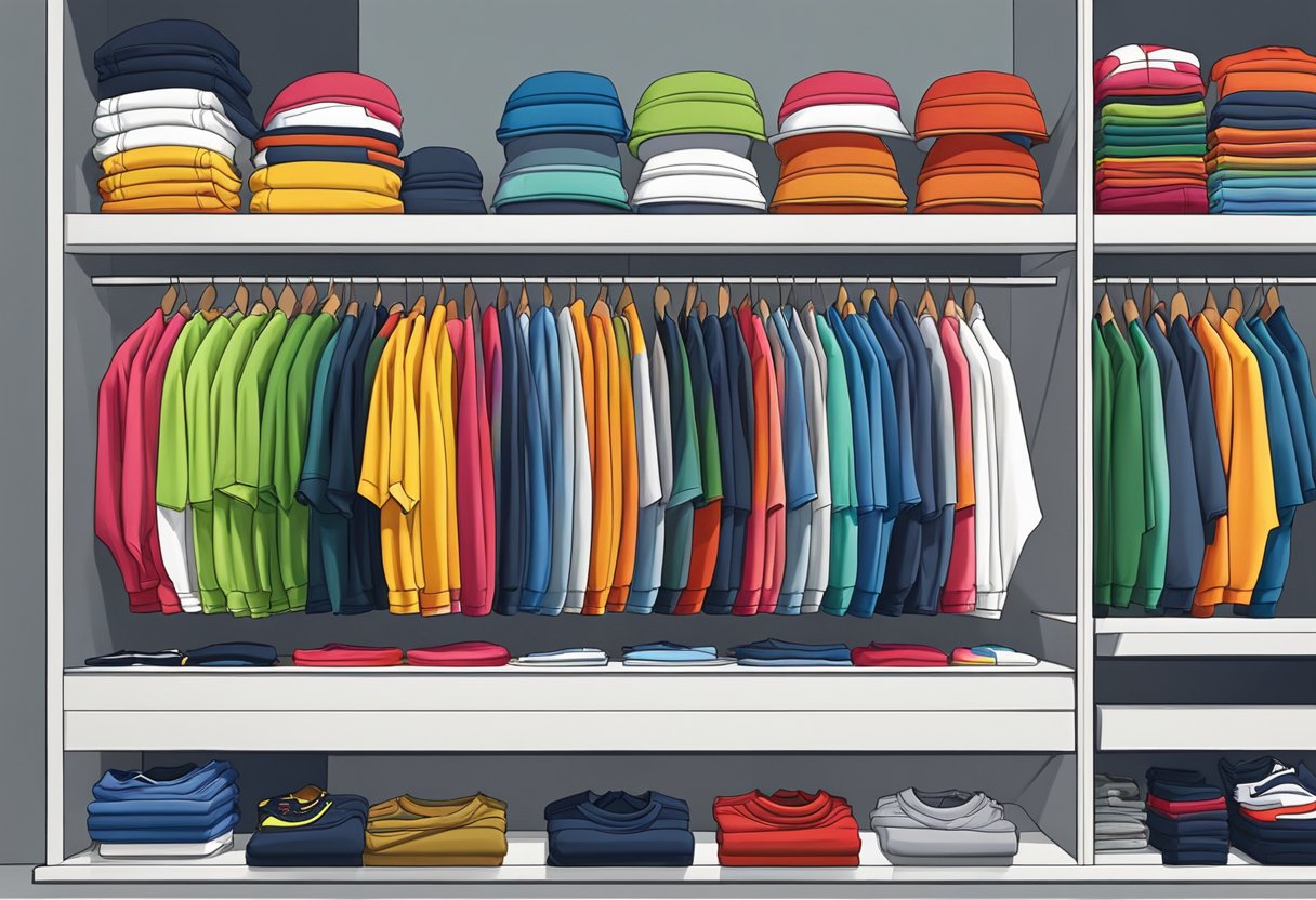 A stack of sports tops in various colors and fabrics, neatly arranged on a display shelf in a UK menswear store