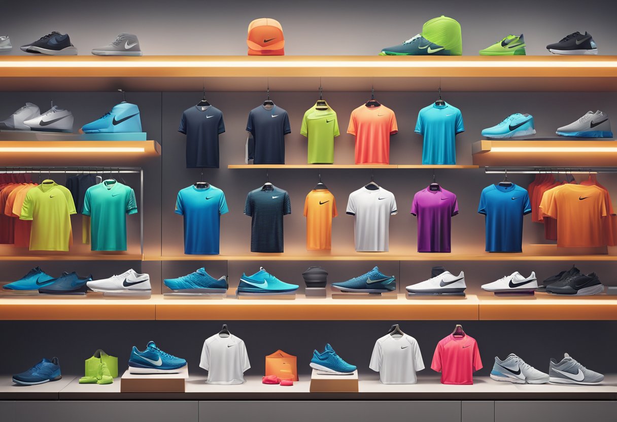 A group of Nike men's sports tops arranged neatly on display shelves in a brightly lit retail store