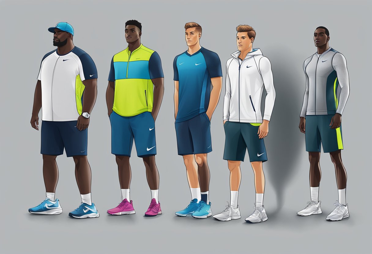 A lineup of Nike men's sports tops, showcasing Dri-FIT technology, mesh panels, and reflective details