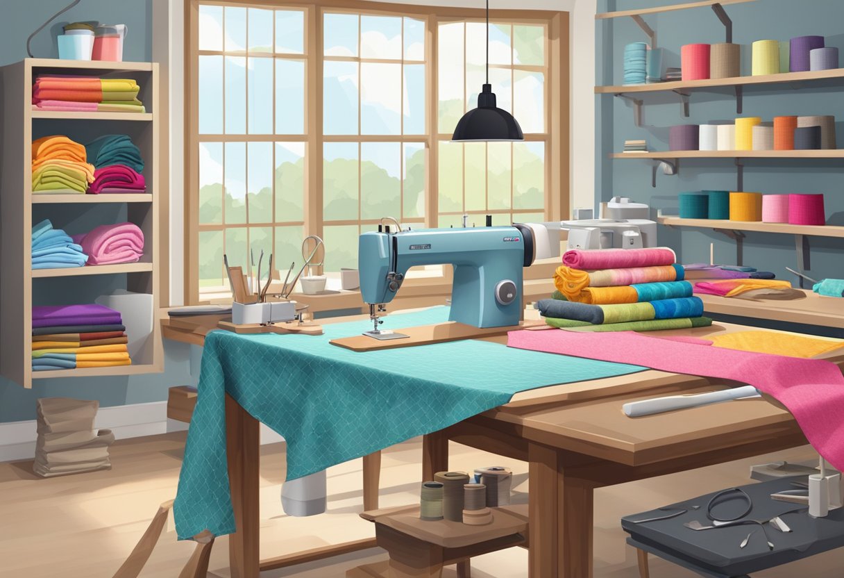 A table with various fabric swatches, sewing machines, and cutting tools in a bright and modern textile design studio