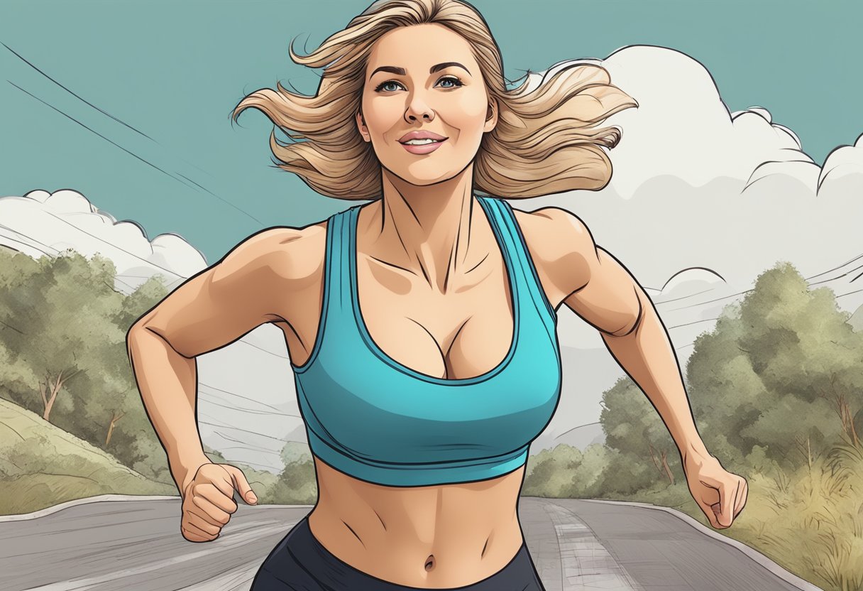 Busty woman running with inadequate support, breasts bouncing