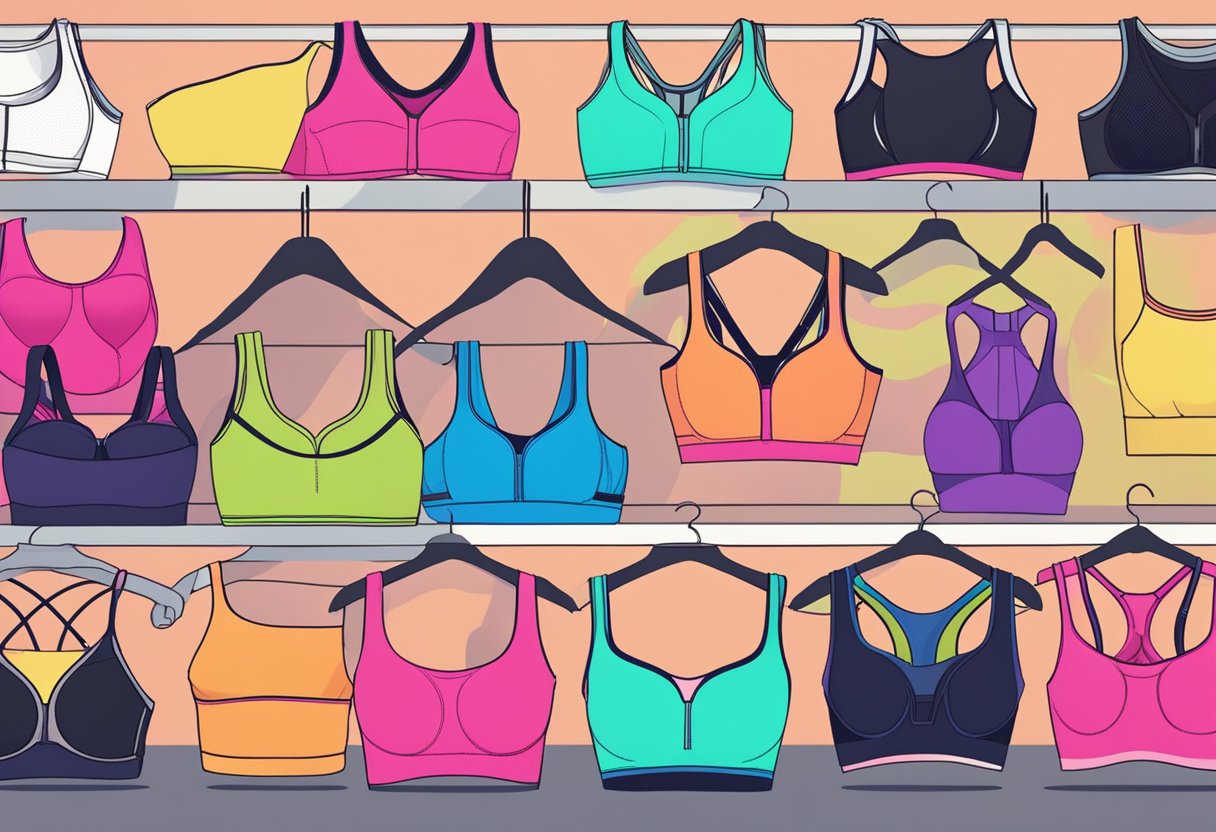A rack of sports bras in various sizes and styles, specifically designed for busty women, displayed against a vibrant background