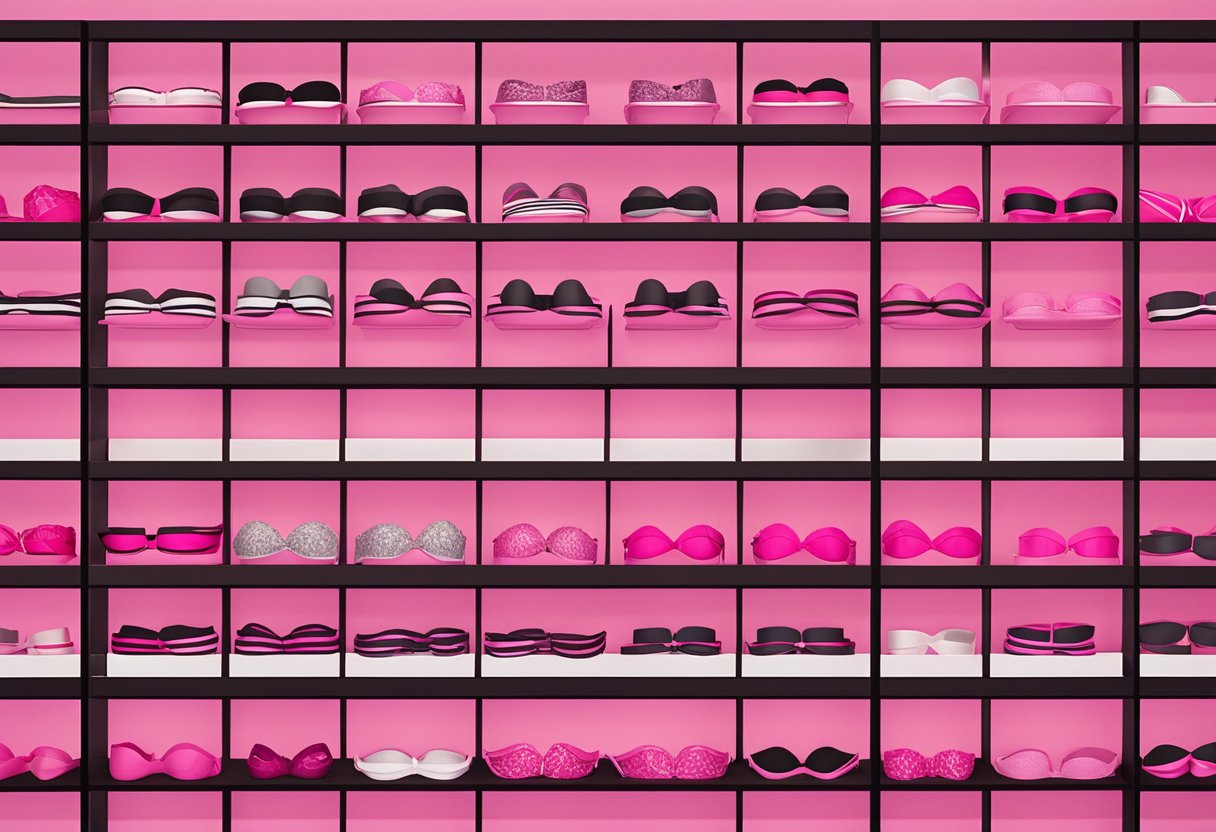 A display of Victoria's Secret Pink Push-Up Bras in various shades of pink, arranged neatly on a shelf with the brand's logo prominently displayed
