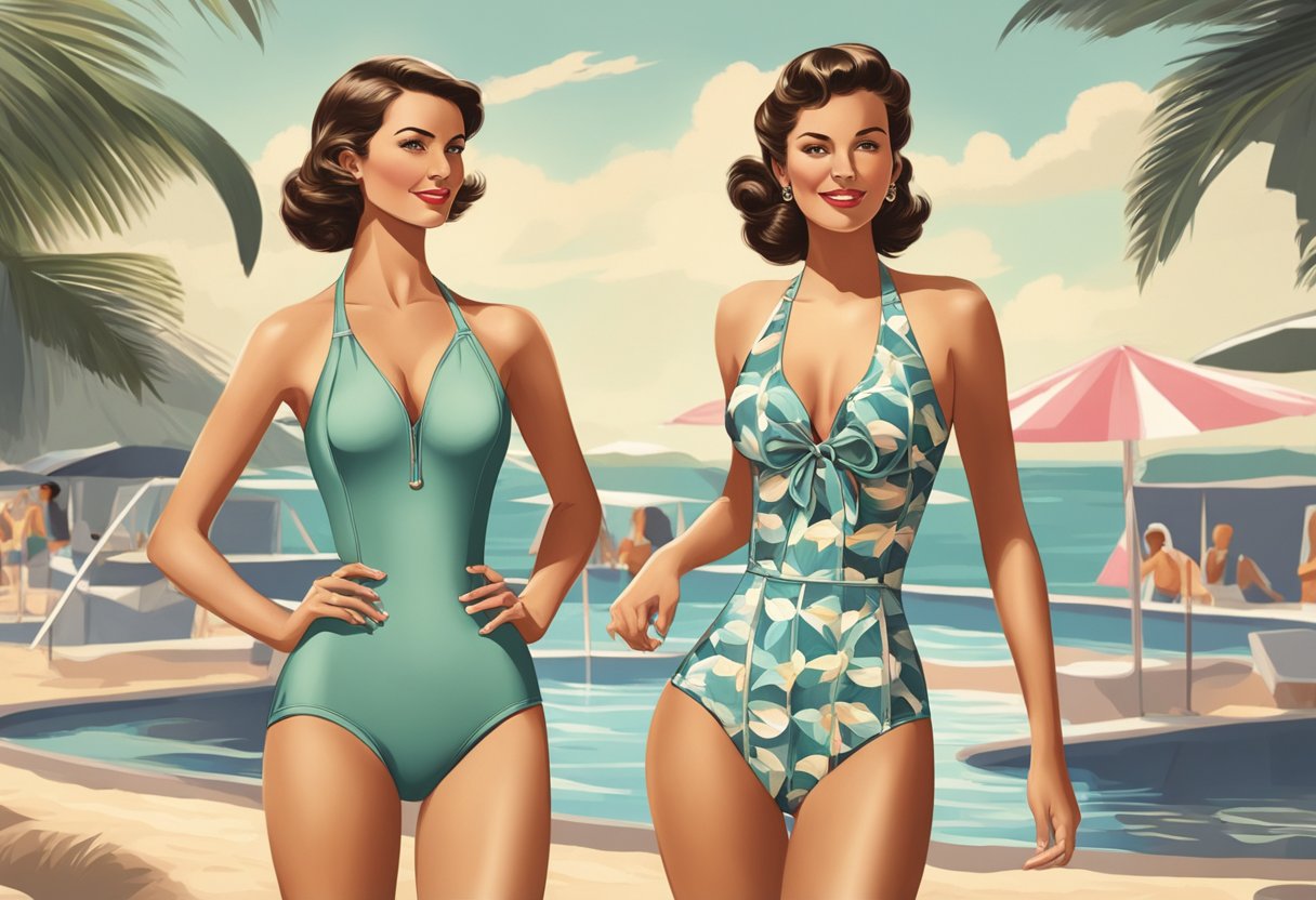A vintage one-piece bathing suit with a built-in push-up bra, featuring a halter neck and high-cut legs, in a retro beach setting