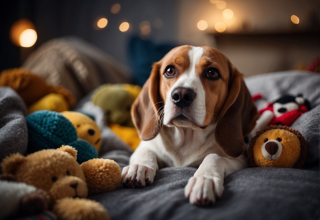 A calm beagle rests peacefully in a cozy bed, surrounded by toys and blankets, with a contented expression on its face