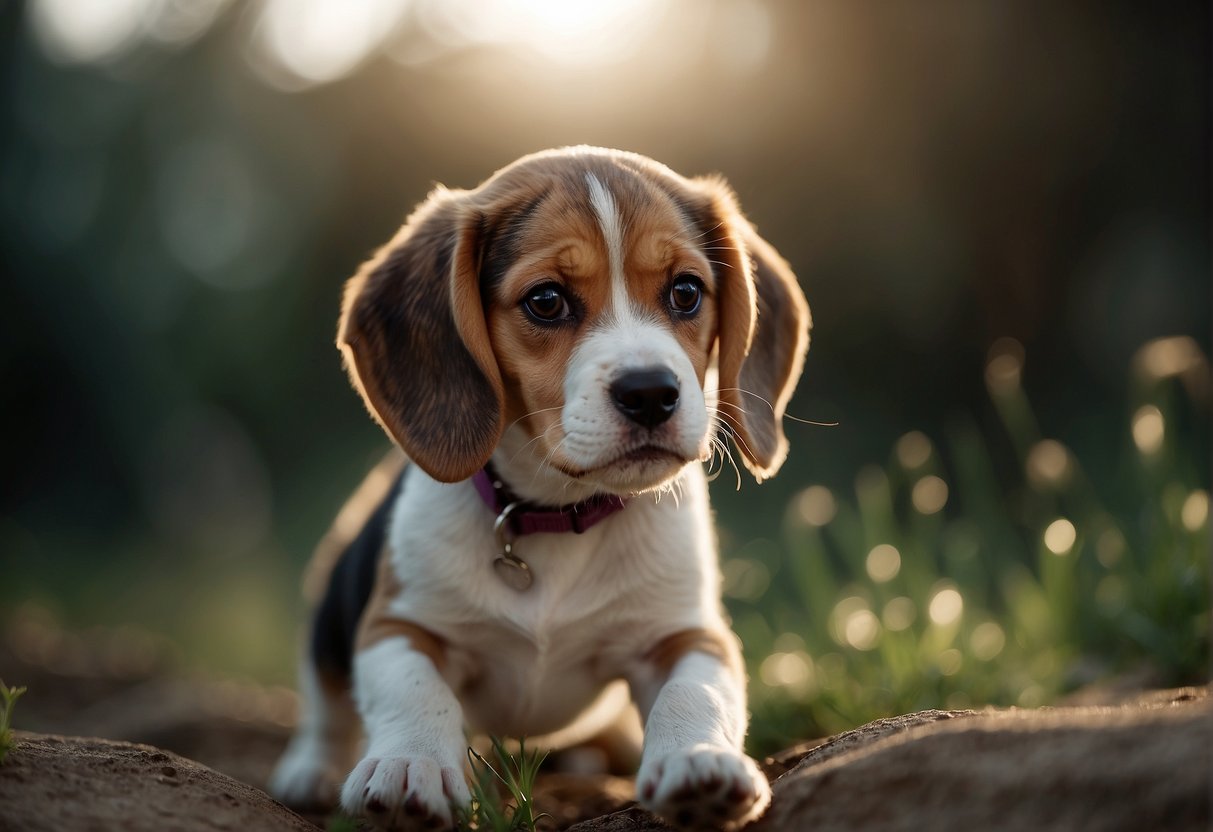 A Beagle puppy plays energetically, but as it grows, it gradually becomes calmer and more well-behaved, displaying its characteristic friendly and curious nature