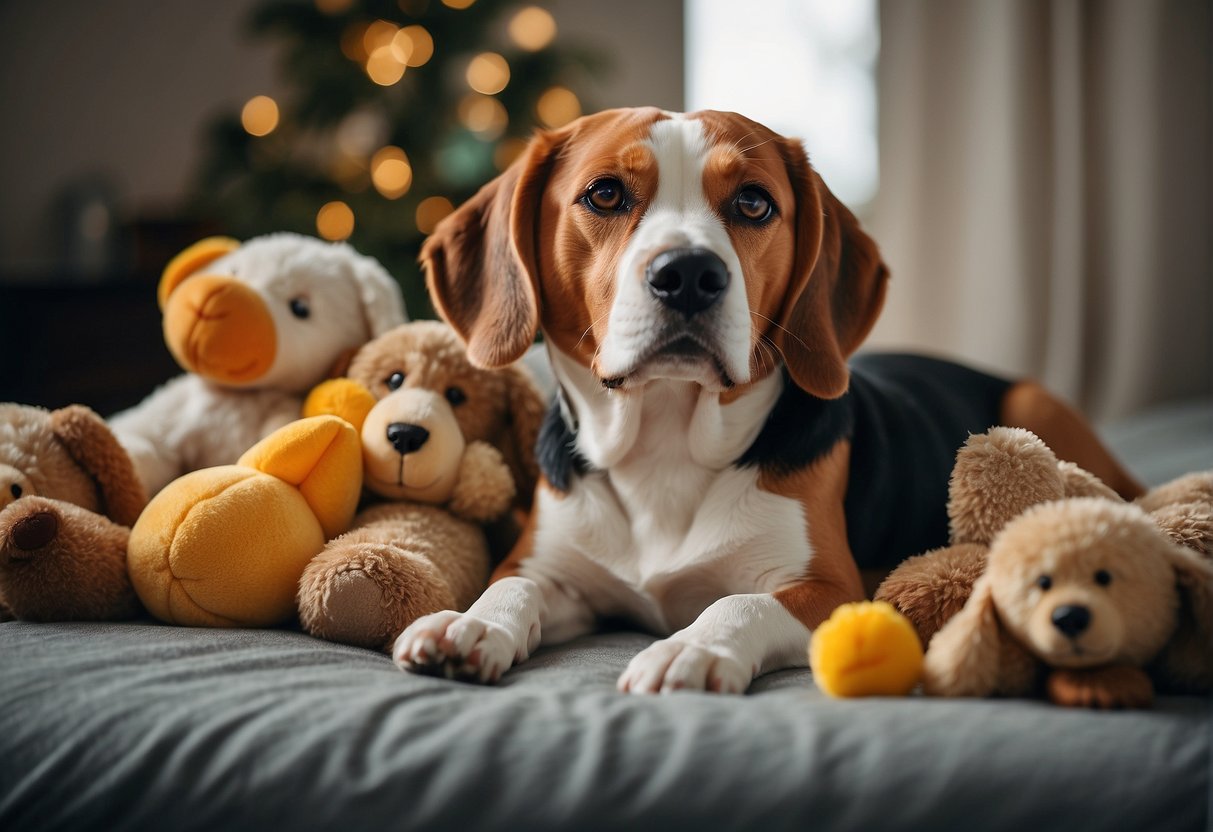 A calm Beagle rests peacefully in a serene setting, surrounded by toys and a comfortable bed, exuding a sense of tranquility and balance