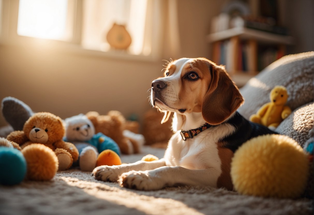 A beagle resting peacefully, surrounded by toys and a cozy bed, as the sun shines through a window casting a warm glow