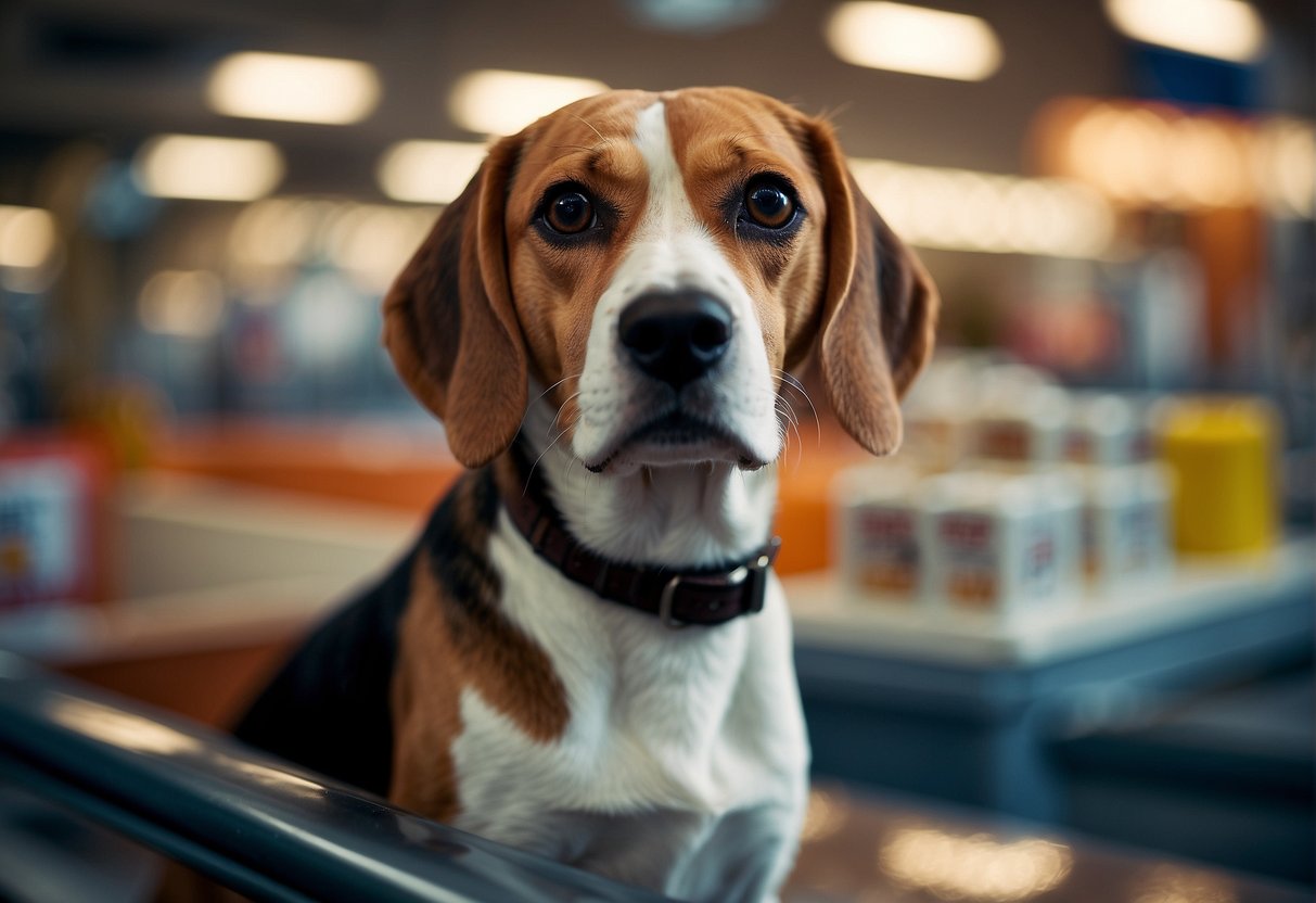 A beagle stands in a pet store, with a price tag displayed nearby