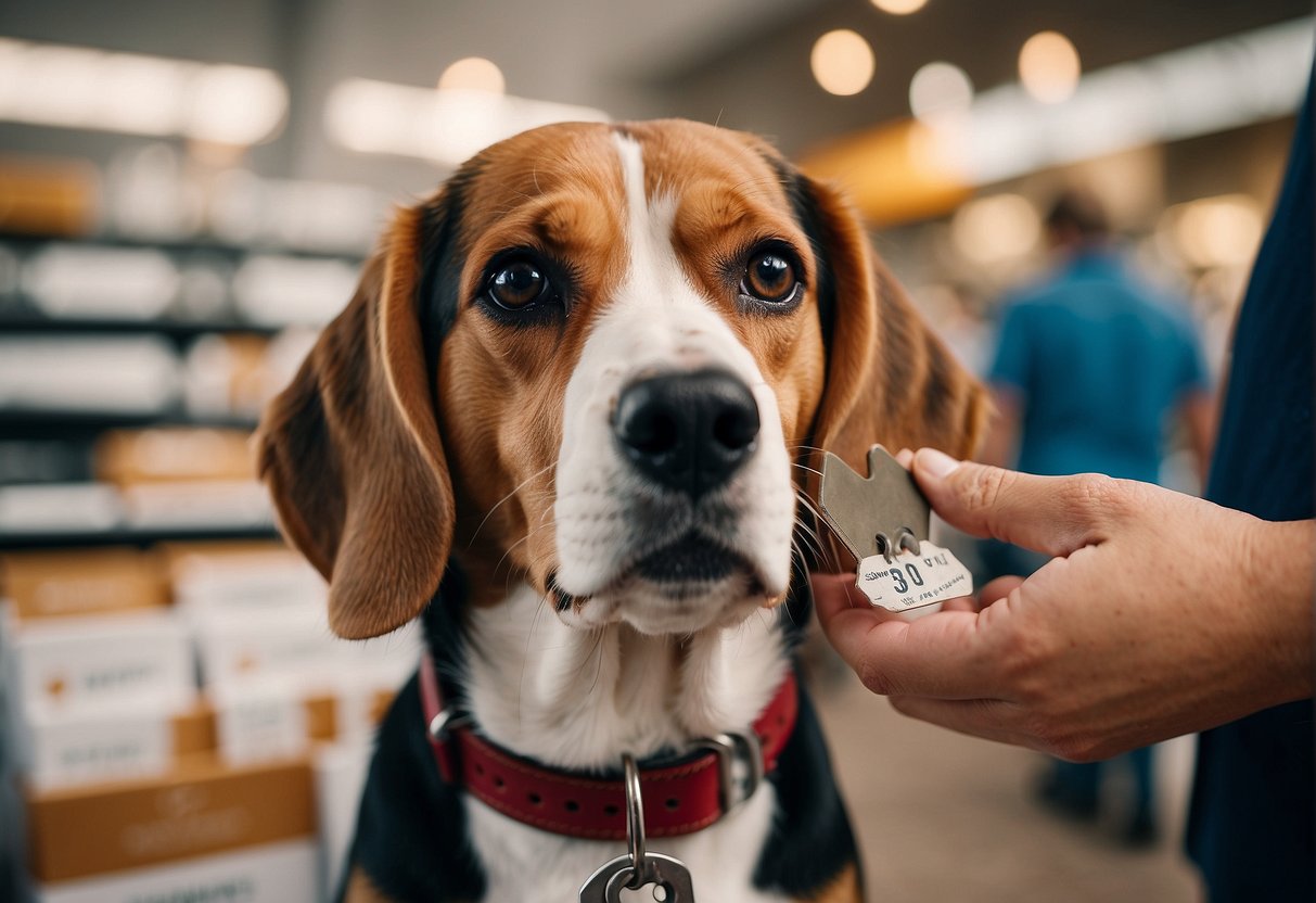 A Beagle being purchased, with a price tag and a happy owner
