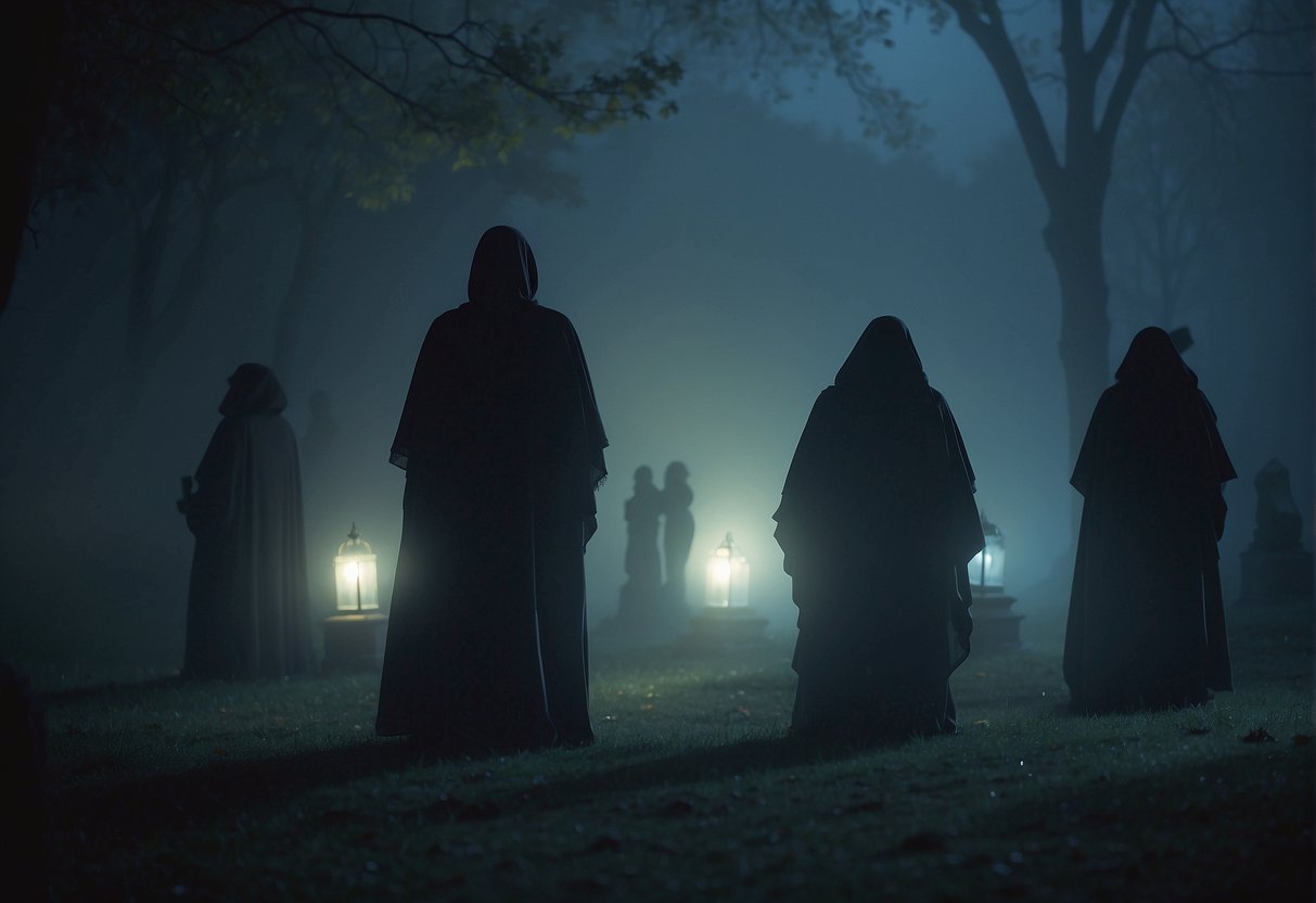 Glowing ghostly figures converse in a misty graveyard at midnight