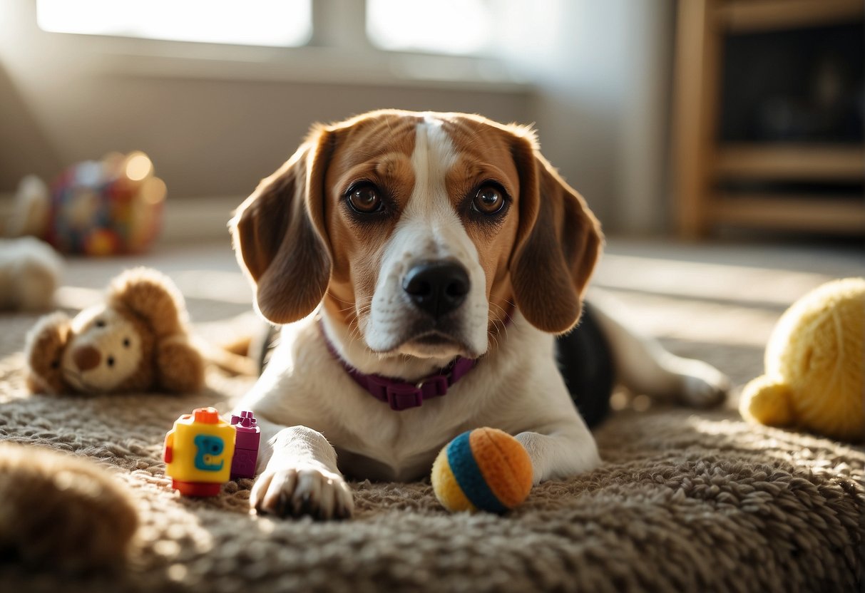 A Beagle lounges on a cozy rug, surrounded by toys and treats. Sunlight streams through the window, casting a warm glow on the room