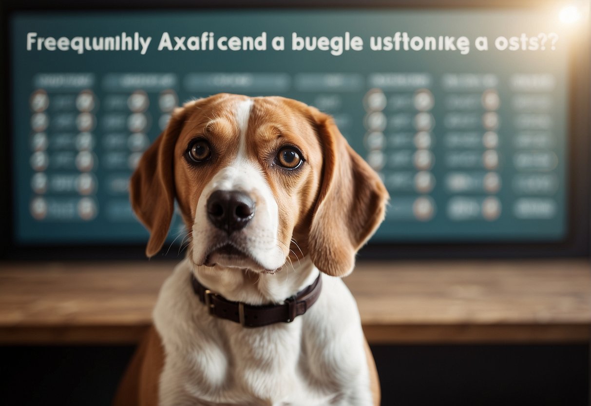 A curious beagle sits in front of a sign that reads "Frequently Asked Questions: How much does a beagle cost?" with a puzzled expression on its face