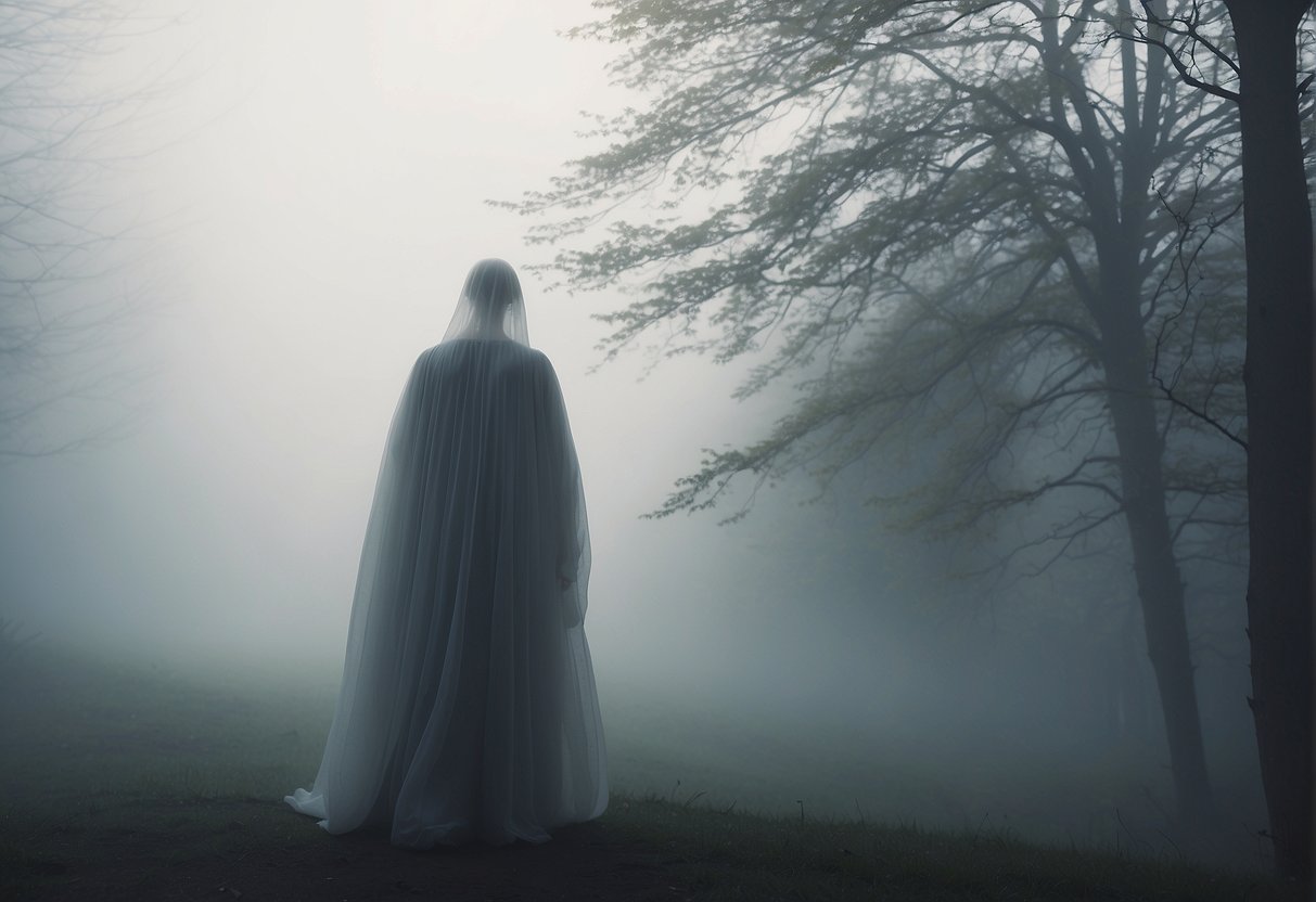 A ghostly figure emerges from the mist, whispering eerie quotes into the air, as if reliving haunting memories