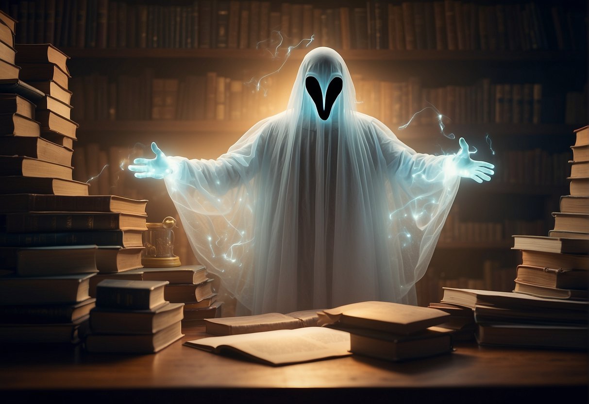Glowing ghostly figure speaks, surrounded by floating books and quill pens
