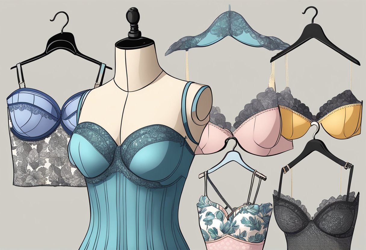 A hand reaches for a padded strapless bra in various sizes, with a push-up feature. The bras are neatly displayed on a rack, with different colors and patterns available