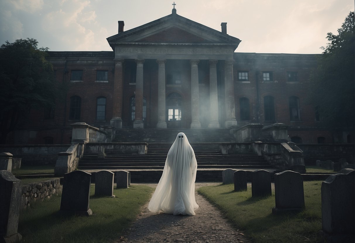 A ghostly figure hovers over a historic site, surrounded by whispers of its cultural impact