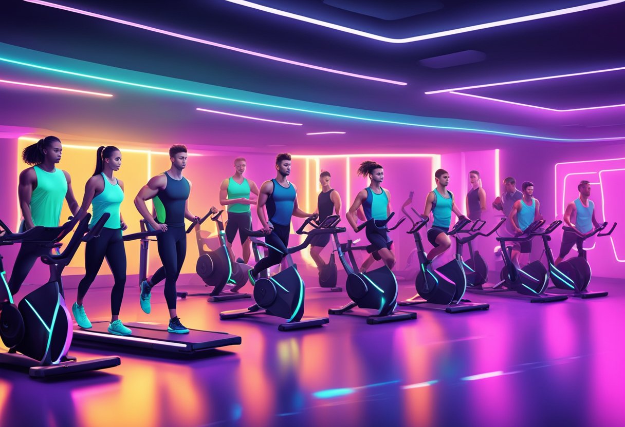 A group of athletes wearing futuristic active wear in a sleek, high-tech gym with neon lights and advanced exercise equipment