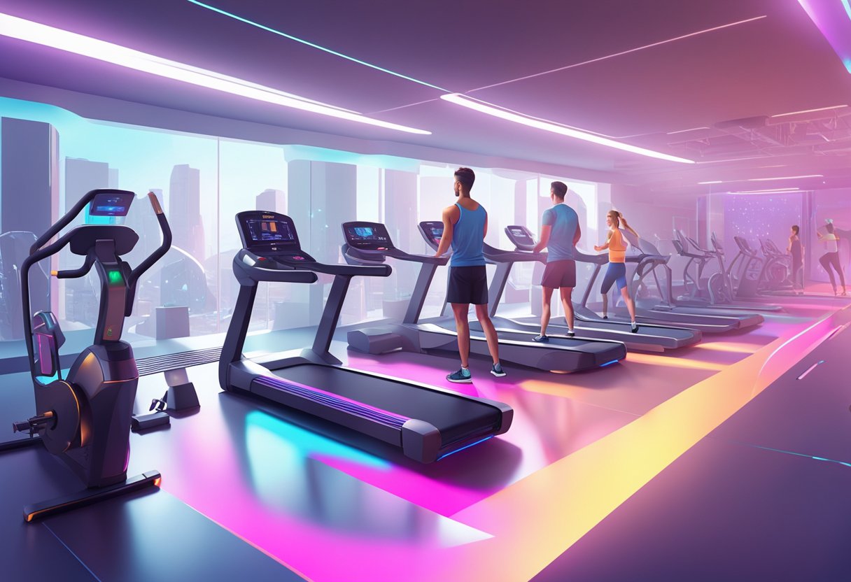 A futuristic gym with holographic workout equipment and people wearing sleek, high-tech active wear
