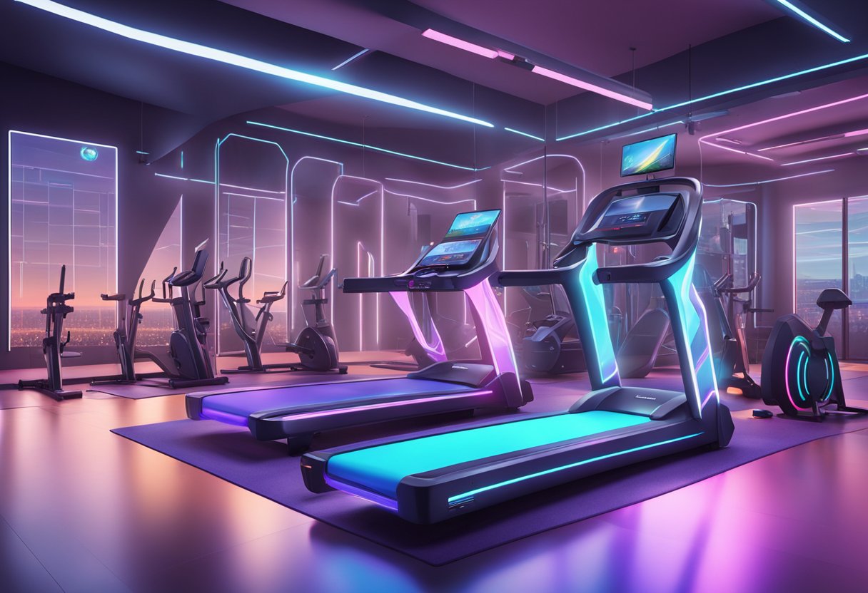 A futuristic gym with holographic workout equipment and smart fabric activewear on display