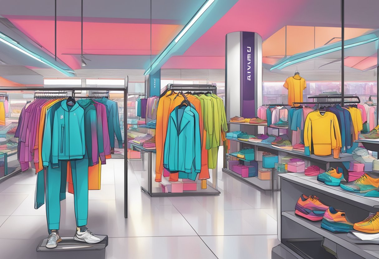 A bustling market with diverse active wear displays, showcasing futuristic designs and innovative materials. Bright colors and sleek lines draw in customers, while technology-infused garments catch the eye