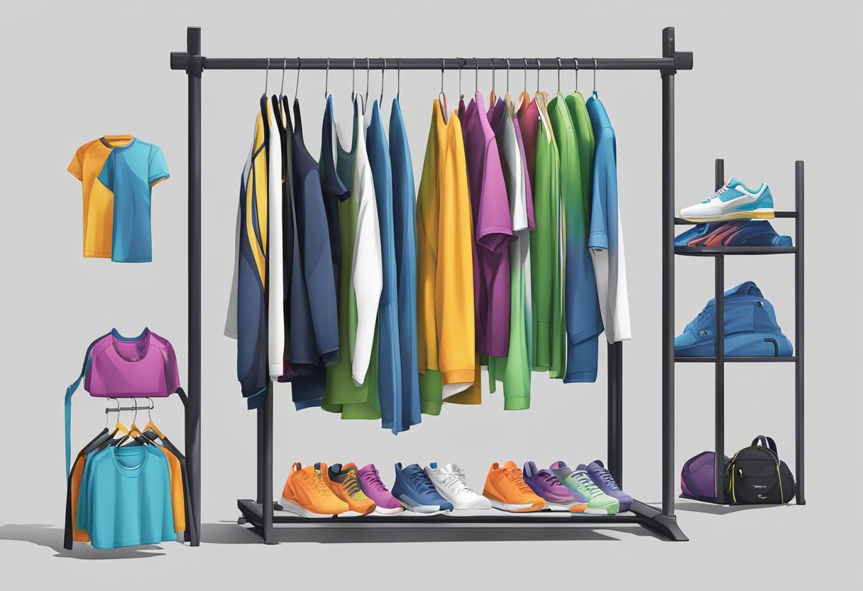 A variety of re active wear items displayed on a sleek, modern clothing rack