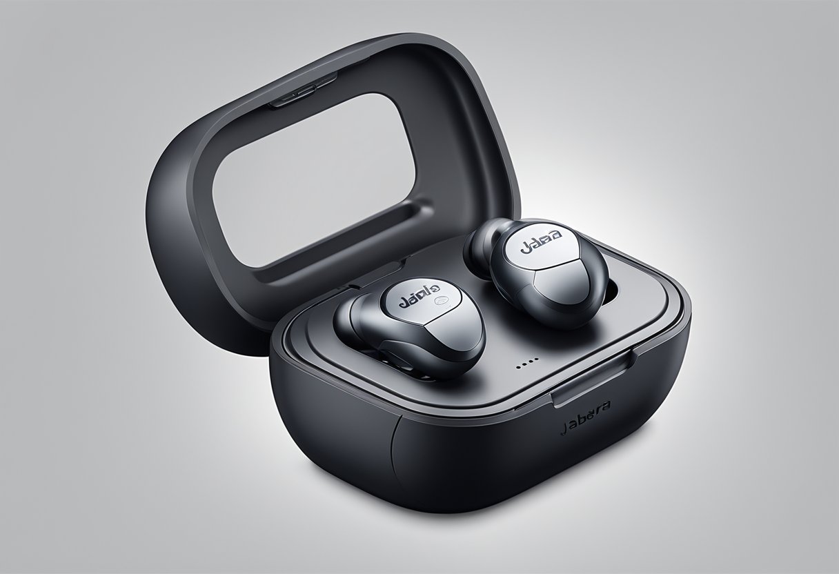 A pair of Jabra Elite Active 65t earbuds being correctly positioned in their charging case, with the lid open and the earbuds displayed prominently