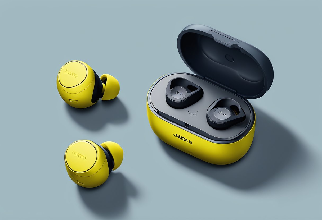 The Jabra Elite Active 65t is unboxed and set up, with the earbuds placed snugly in the charging case and the case plugged into a power source