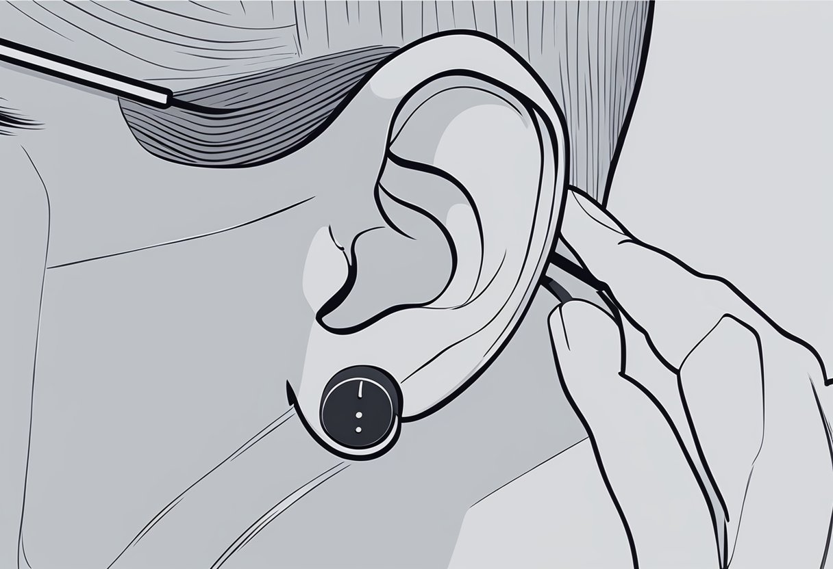 A person's hand holding a Jabra Elite Active 65t and placing it in their ear with an arrow pointing towards the ear for proper placement