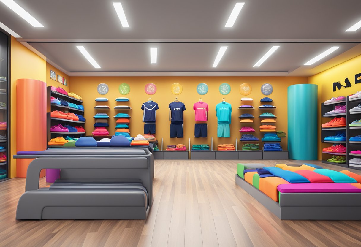 Brightly lit gym with rows of colorful active wear brands displayed on shelves and mannequins. Vibrant logos and sleek designs stand out against the clean, modern backdrop