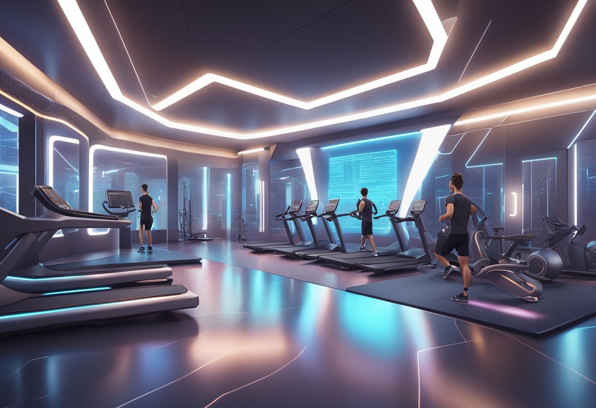 A futuristic gym with high-tech active wear on display, featuring advanced fabrics and sleek designs. Bright lights and modern displays highlight the latest technological innovations in athletic clothing