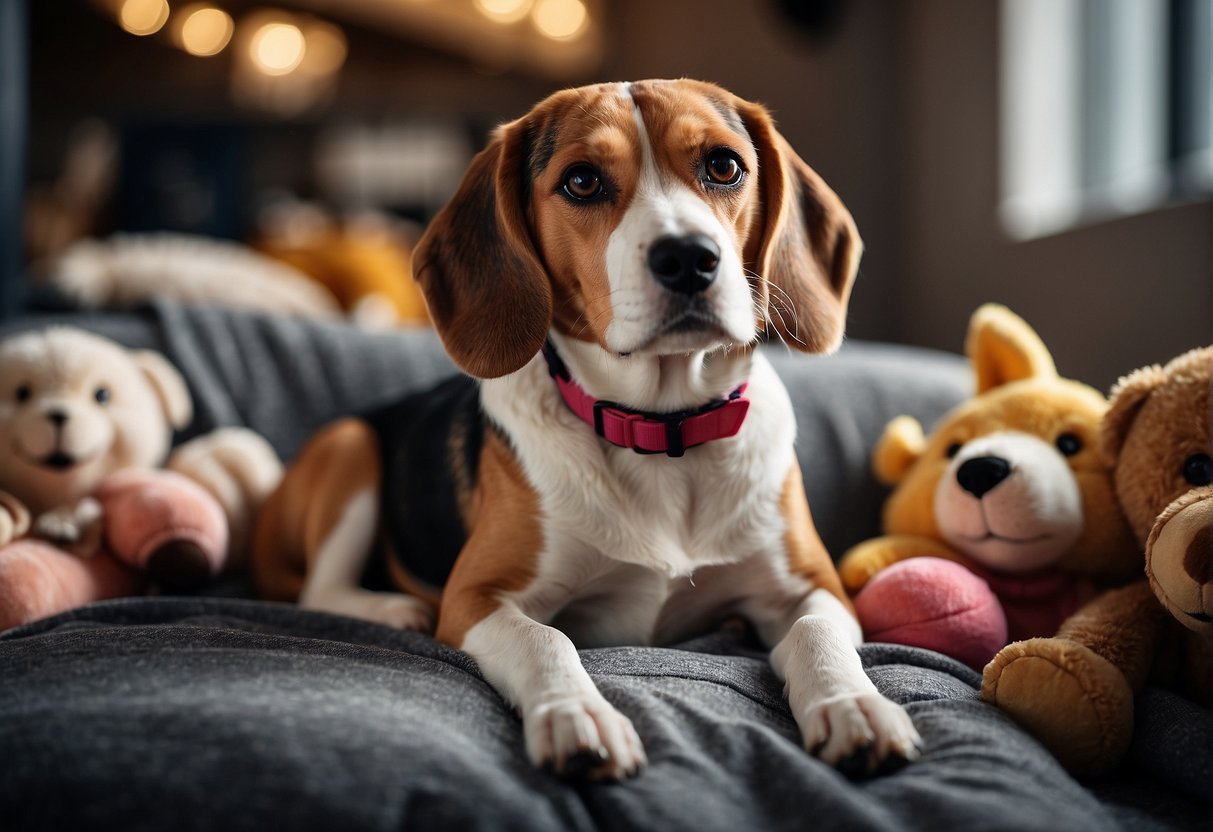 A beagle sits in a cozy animal shelter, surrounded by toys and blankets. A sign above reads "Beagle Adoption" in bold letters