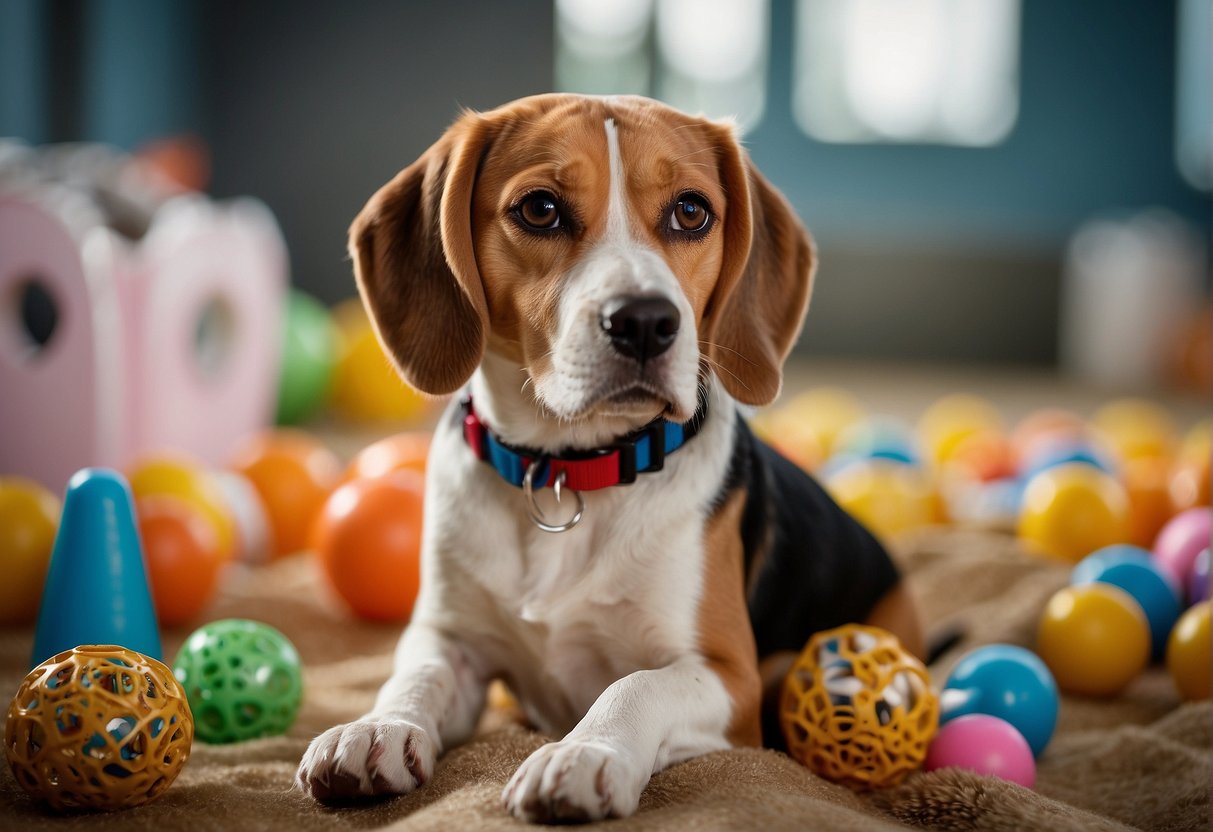A Beagle sits eagerly at an animal shelter, surrounded by toys and treats. A sign nearby reads "Adopt a Beagle" in bold letters