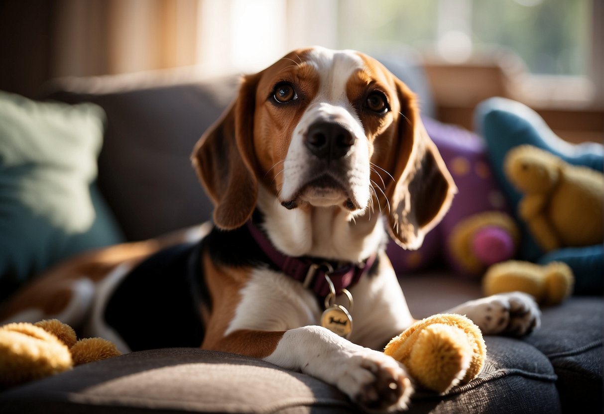 A Beagle lounges on a cozy couch, surrounded by scattered toys and a food bowl. Sunlight streams through the window, casting a warm glow on the scene