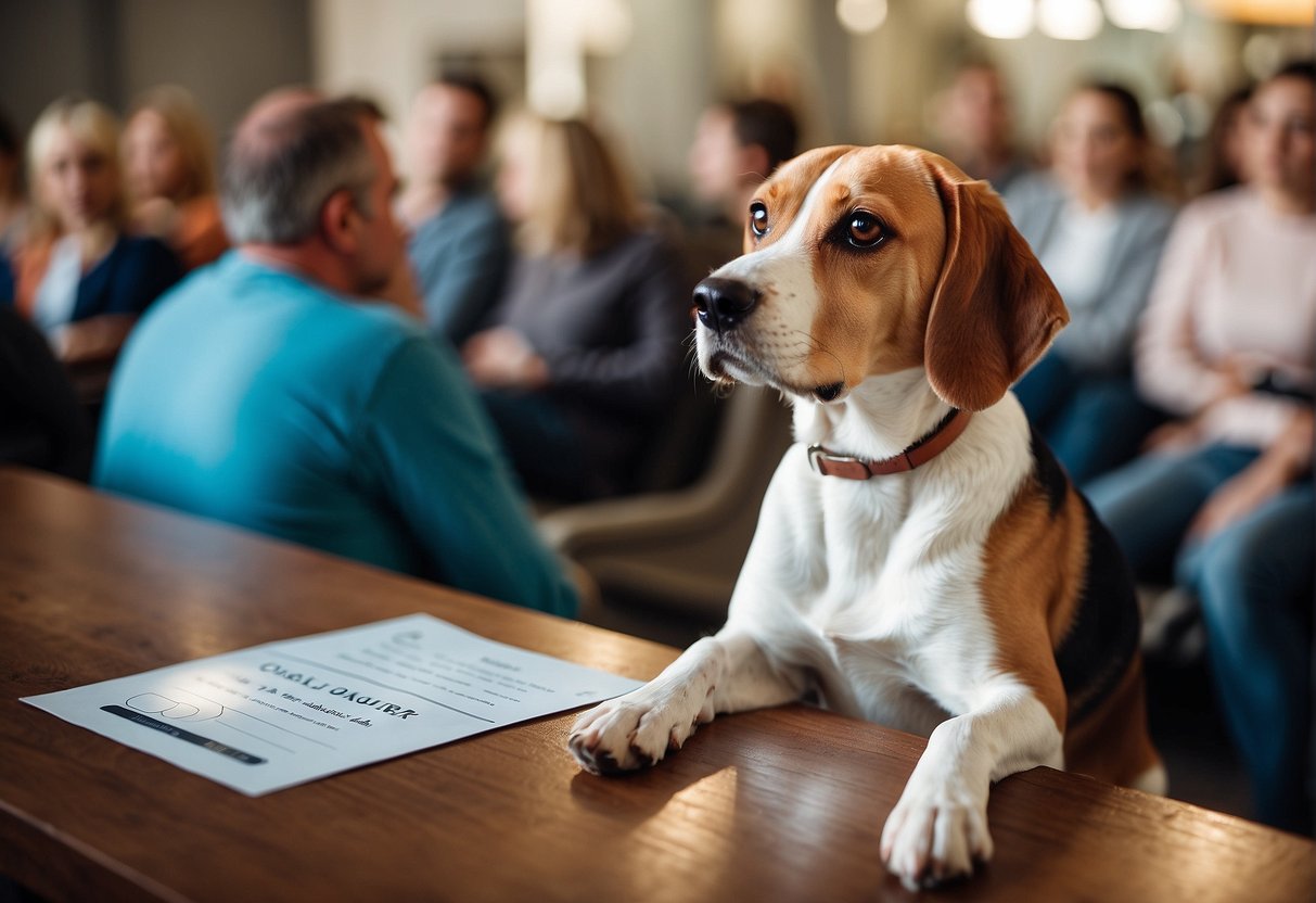 A beagle sitting in a cozy pet adoption center, surrounded by curious onlookers, with a sign reading "Frequently Asked Questions où trouver un beagle à adopter" displayed prominently