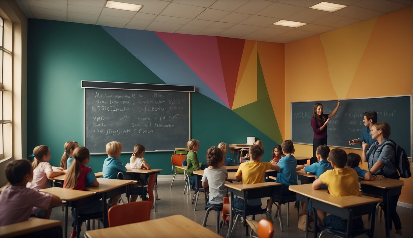 A colorful classroom with geometric shapes on the walls, students sitting at their desks, and a teacher pointing to a large triangle on the chalkboard