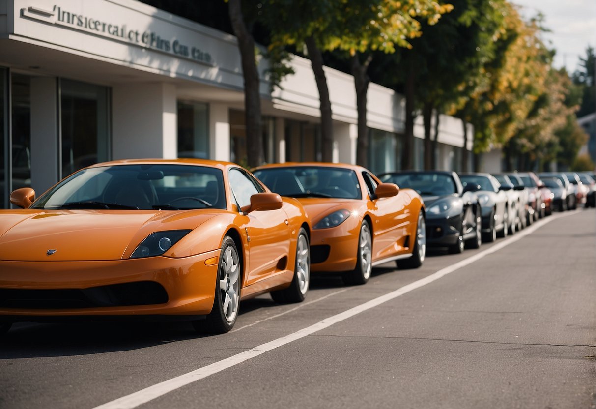 Cheapest Sports Cars to Insure: A lineup of sleek, affordable sports cars parked in front of an insurance office, with a sign displaying "Top Affordable Sports Cars to Insure."