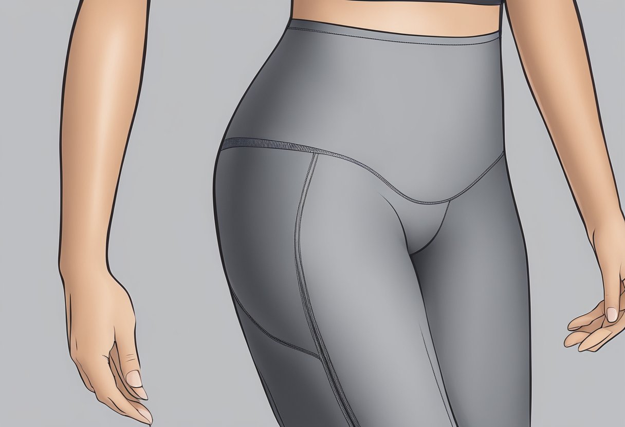A close-up of Spanx leggings, highlighting the seamless design, high waistband, and compression technology for a sleek and sculpted look