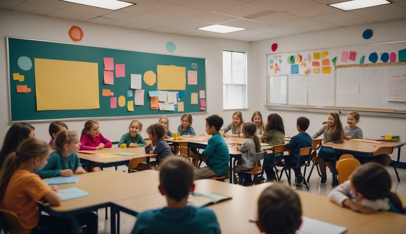 A classroom with colorful geometric shapes on the walls and tables, a whiteboard with a lesson plan, and students engaged in hands-on activities