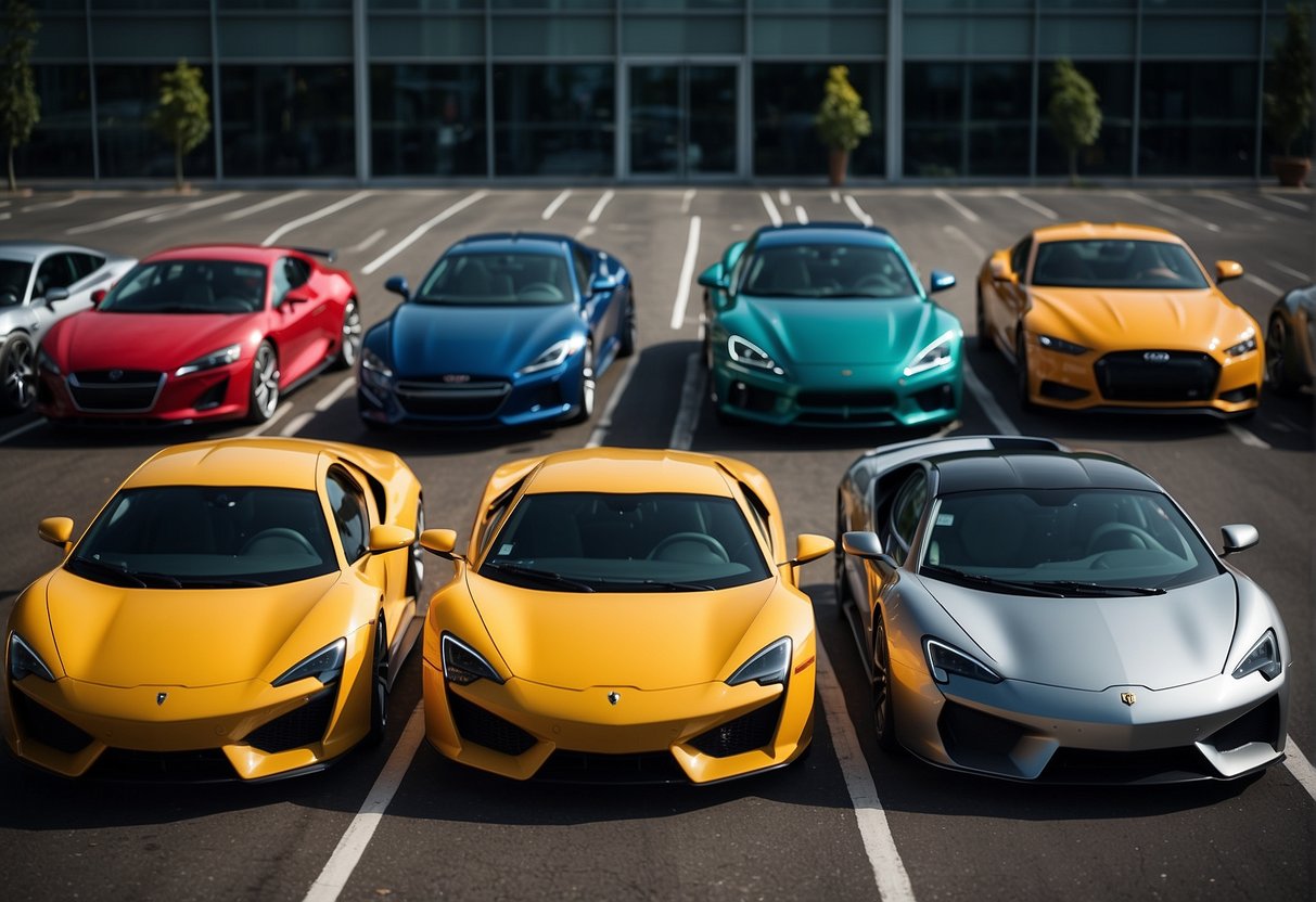 A lineup of sports cars, each labeled with their respective car model and insurance premium cost