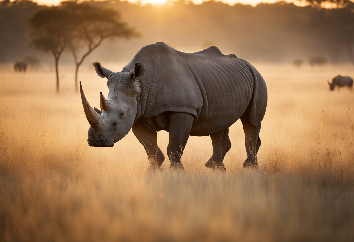 A majestic rhino stands in a vast, open savannah, its powerful presence exuding strength and resilience. The golden sun bathes the landscape in a warm, ethereal glow, emphasizing the spiritual significance of this magnificent creature