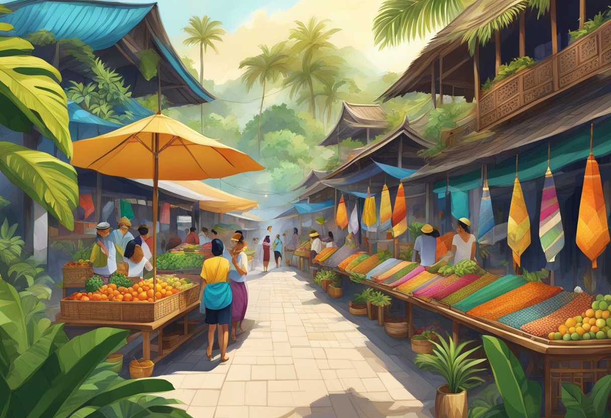A vibrant marketplace with colorful Balinese textiles and patterns, surrounded by lush tropical greenery and traditional architecture