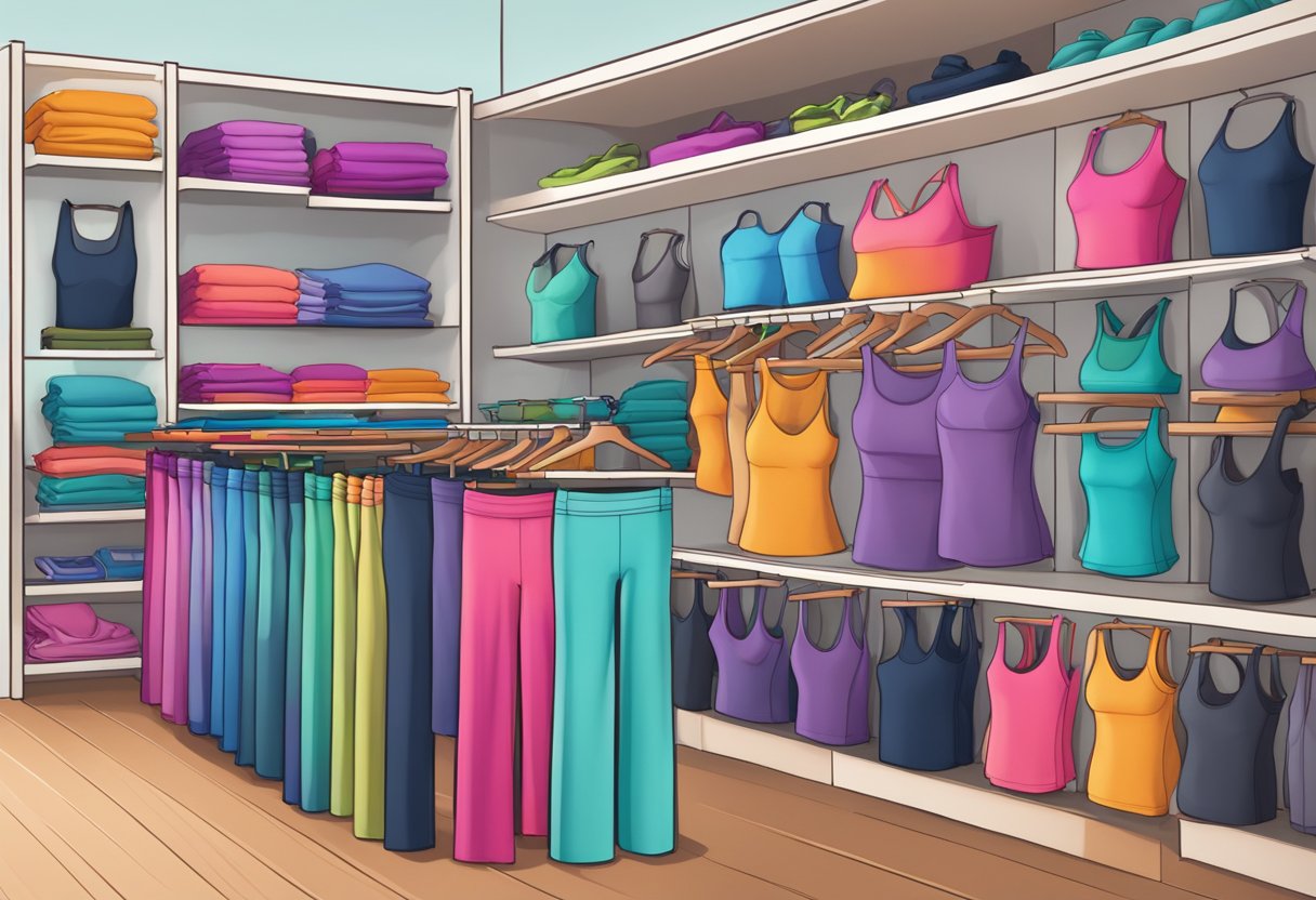 A colorful display of Bali Active Wear, featuring yoga pants, sports bras, and tank tops, arranged neatly on shelves and racks