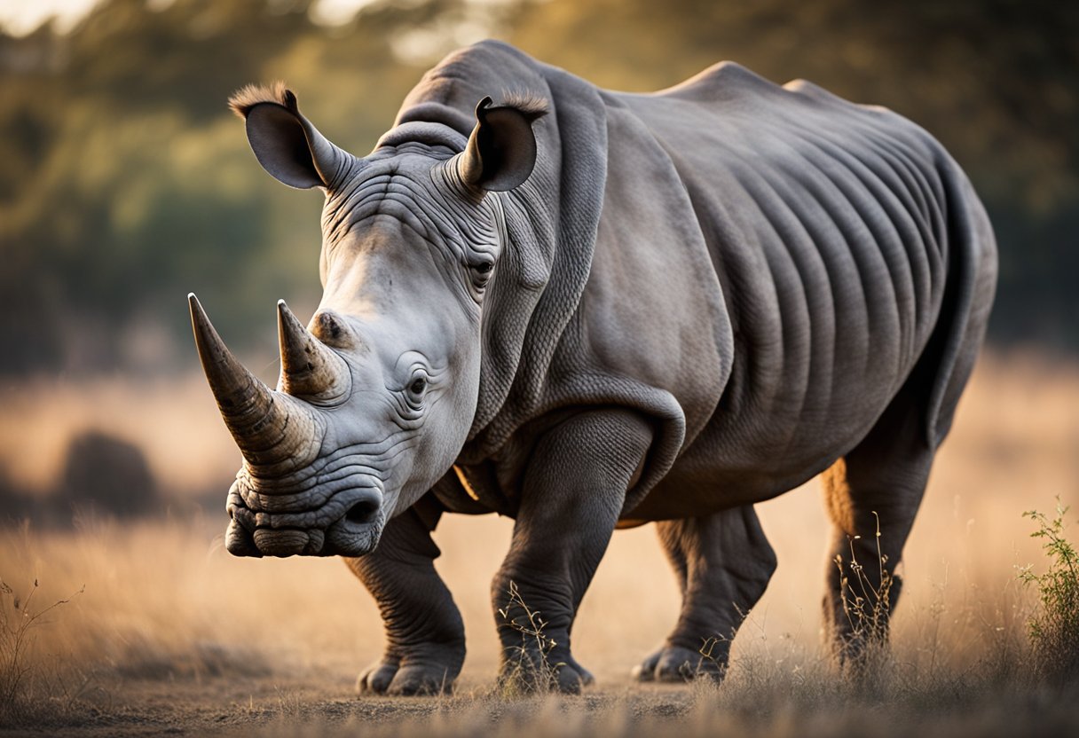 A rhino stands tall, its ears perked up, and its eyes focused ahead. It moves with purpose, displaying strength and determination