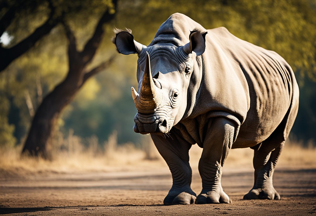 A majestic rhinoceros stands tall, representing strength and resilience in the natural world. Its horn symbolizes protection and power, embodying the spiritual meaning of the rhino