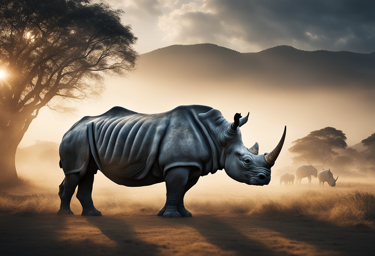 A majestic rhinoceros stands proudly in a dreamlike landscape, surrounded by ethereal light and symbols of spiritual significance
